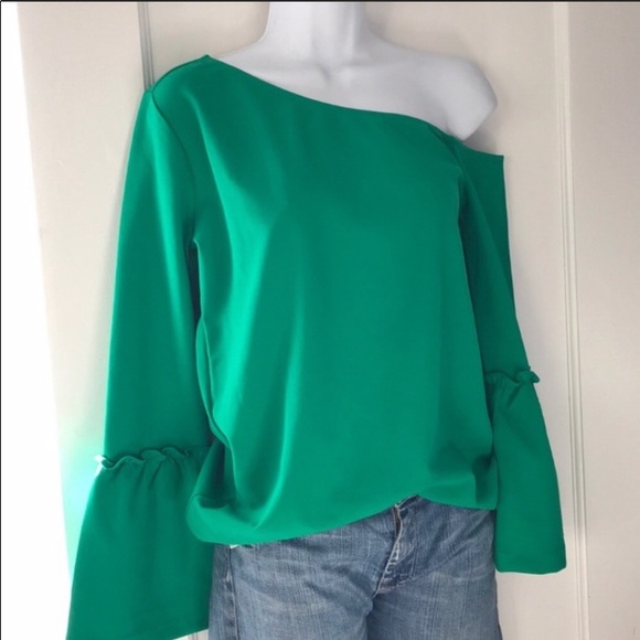 Ann Taylor one shoulder emerald green flare sleeve - Picture 3 of 4